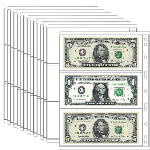 15 Sheets Paper Money Collection Supplies Pages, Currency Collecting Book Album Sleeves, 45 Pocket Money Stamp Page Holders for Standard 9-Hole Coin Collector Binder