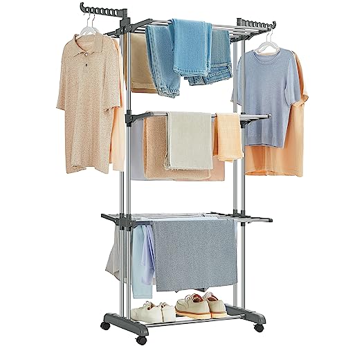 SONGMICS Clothes Drying Rack Stand 4-Tier, Foldable Laundry Drying Rack 67.7-Inch Tall, Stainless Steel, Rolling Clothes Horses Dryer Rack, Easy to Assemble, Indoor Outdoor Use, Gray ULLR701G01