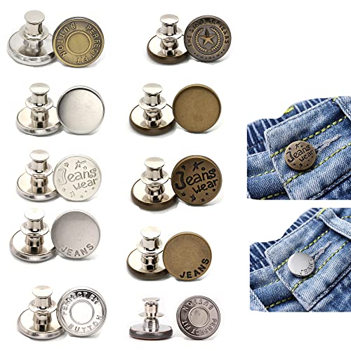 Button Pins for Jeans No Sew, No Tools Instant Buttons, Detachable Adjustable Jean Button Replacement, Extend or Reduce Pants Waist Size 10 Pack