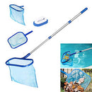 Swimming Pool Skimmer Set, Swimming Pool Pond Flat Net & Deep Bag Leaf Rake with Aluminum Telescopic Pole Heavy Duty Leaf Skimmer + 1Pcs Cleaning Sponge Brush for Garden Pond, Hot Tub Fish Tank