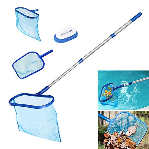 Swimming Pool Skimmer Set, Swimming Pool Pond Flat Net & Deep Bag Leaf Rake with Aluminum Telescopic Pole Heavy Duty Leaf Skimmer + 1Pcs Cleaning Sponge Brush for Garden Pond, Hot Tub Fish Tank