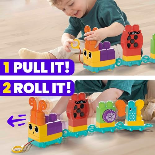 MEGA BLOKS Fisher-Price Sensory Building Blocks Toy, Move n Groove Caterpillar Train with 24 Pieces and Pull String, Toddlers Age 1+ Years