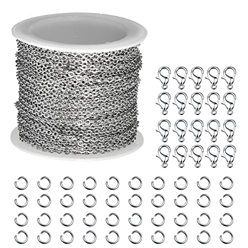 10 Meters Stainless Steel Jewerly Chain,EFGTEK 2.0 mm Small Jewelry Making DIY Chains with 20 Lobster Claps and 28 Pcs Jump Ring ( Silver Color)