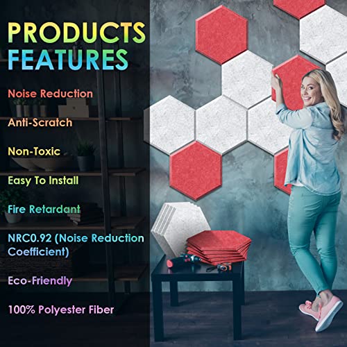 ZHERMAO 12 Pack Hexagon Acoustic Panels Beveled Edge Sound Proof Foam Panels, 14"X13"X 0.4" High Density Sound Proofing Padding for Wall, Acoustic Treatment for Studio, Home and Office (Grey Red)