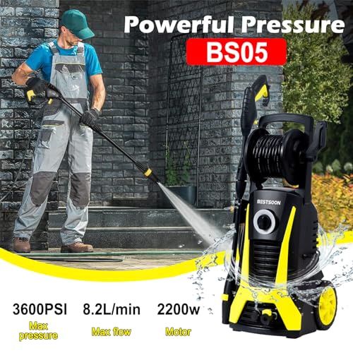 BESTSOON 3600PSI High Pressure Washer, Electric Pressure Washer with Spray Gun and Hose Reel, 2200W Power Washer Electric High Pressure Cleaner Washer Gurney Water Pump Hose with 6 Nozzles