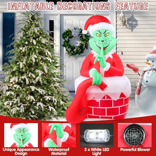 6FT Christmas Inflatable Outdoor Decorations Green Big Monster with Built-in LED Lights Blow up Yard Decoration for Xmas Halloween Holiday Party