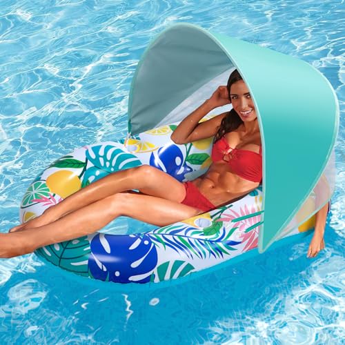 Pool Float with Canopy, Cup Holder - XL Pool Chair Lounge Float with Adjustable Sun Shade Cover, Drink Holder, Ergonomic Headrest,Inflatable Pool Float for Adults (Lemon-Pineapple)