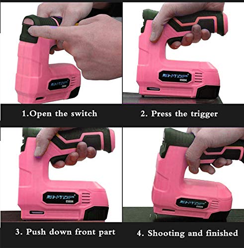 BHTOP Cordless Staple Gun, 4V Power Brad Nailer/Staple Nailer，Electric Staple with Rechargeable USB Charger, Staples and Brad Nails Included in Pink (Include 1500pcs Staples and 1500pcs Nails)