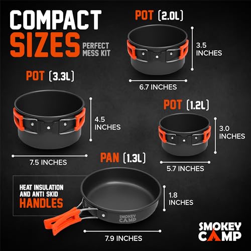 10 Pcs Smokey Camp Backpacking Cooking Set with Stove & Adapter - 3 Pots Large Medium Small 1 Large Pan 1 Stove 1 Adpater, Compact Non-Stick Camping Cookware Mess Kit, All in One Hiking Picnic Outdoor