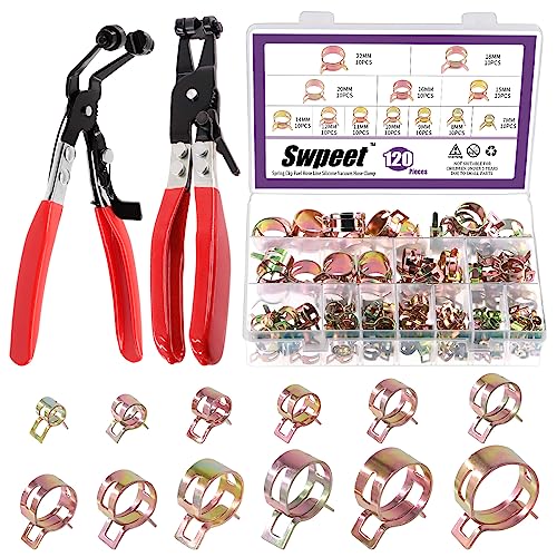 Swpeet 121Pcs 7-22mm Spring Band Hose Clamps with Swivel Flat Band Fuel Hose Clamp Plier Assortment Kit, Silicone Vacuum Hose Action Pipe Clamp Low Pressure Air Clip Clamp for Hose Clamps