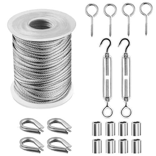 Wire Rope Kit, Stainless Steel Wire Rope Coated Cable,Garden Wire for Climbing Plants,Vine Eyes,Wire Rope Clip,for Outdoor Hanging Kit,Cable Railing Kit (15M)