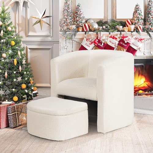 COLAMY Upholstered Sherpa Barrel Accent Chair with Storage Ottoman, Morden Living Room Side Chair, Single Sofa Armchair with Lounge Seat for Bedroom/Office/Reading Spaces, Beige