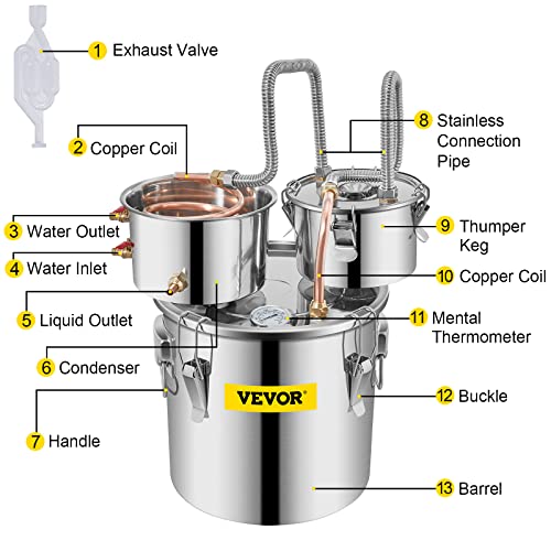 VEVOR Moonshine Still 3 Gal 12L Stainless Steel Water Alcohol Distiller Copper Tube Home Brewing Kit Build-in Thermometer for DIY Whisky Wine Brandy, 3GAL, Sliver 3 pots