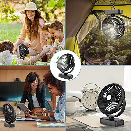 ZEBRE Portable Battery Camping Fan with LED Lantern - Rechargeable 5000mAh Battery Operated USB Desk Fan Kit with Hanging Hook for Tent Car