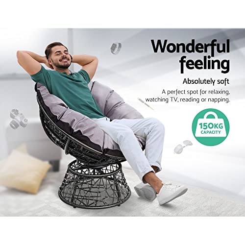 Gardeon Papasan Table and Chairs Wicker Outdoor Chair Side Desk, Patio Furniture Lounge Setting Garden Backyard Living Bedroom, 360 Degree Swivel with Soft Thick Cushion Glass Tabletop Black