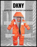 DKNY Baby Boys’ Snowsuit – Hooded Fleece Lined Warm Winter Jumpsuit – Zip Snow Pram for Newborns and Infants (0-24M), Size 24M, Orange