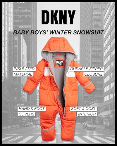 DKNY Baby Boys’ Snowsuit – Hooded Fleece Lined Warm Winter Jumpsuit – Zip Snow Pram for Newborns and Infants (0-24M), Size 24M, Orange