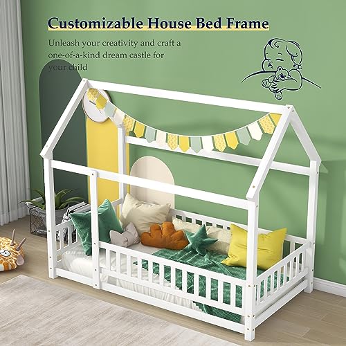 Tatub Twin White House Canopy Bed for Kids, Montessori Floor Bed with Rails, Wood Frame, Ages 3+, 250lbs Weight Capacity