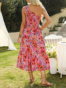 ZESICA Women's 2024 Bohemian Summer Floral Print One Shoulder Sleeveless Smocked Ruffle Tiered Beach Long Midi Dress, Brightpink, Medium