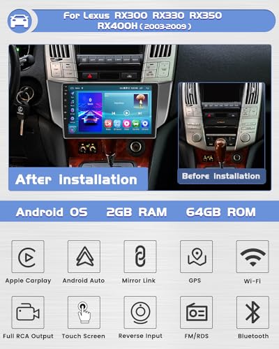 Roinvou 2+64G Android CarPlay Stereo for 2003-2009 Lexus RX300 RX330 RX350 RX400H, Built-in Wireless CarPlay with Android Auto, 9'' Touchscreen In-Dash GPS Navigation Support Mirror Link BT FM RDS AHD