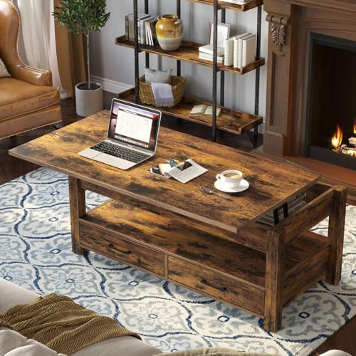 Rolanstar Coffee Table, 47.2" Lift Top Coffee Table with Drawers and Hidden Compartment, Retro Central Table with Wooden Lift Tabletop, for Living Room, Rustic Brown