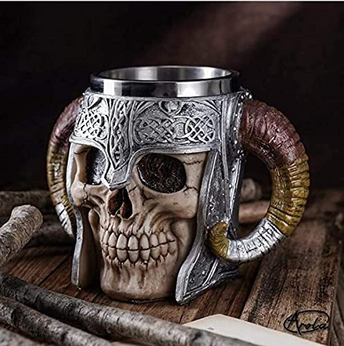 ZNZNANG Viking Warrior Skull Mug , Medieval Skull Drinkware Mug Stainless Steel Liner ,Unique Gifts for Men's Father's Da（550ml/19oz）