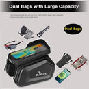 Bike Frame Tube Bag with Touchable Phone Holder - Bicycle Waterproof Two Sides Twins Handlebar Front Bag with Large Capacity Pouch Storage with Cell Phone Mount for Galaxy Phone and iPhone Below 7.2”