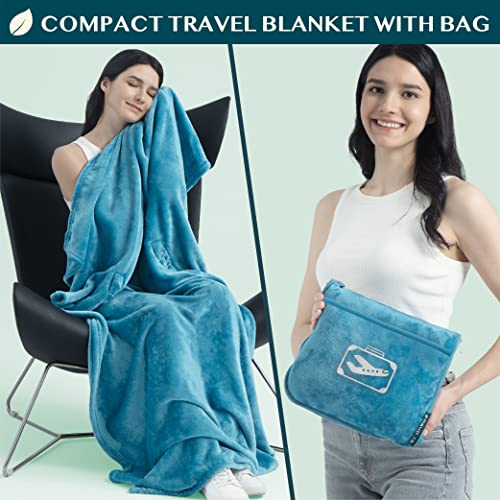 PAVILIA Travel Blanket Pillow in Soft Bag with Pockets, Airplane Blanket Set, Plane Blanket Compact Packable, Flight Essentials Car Pillow, Travelers Accessories Gifts, Luggage Strap, Turquoise