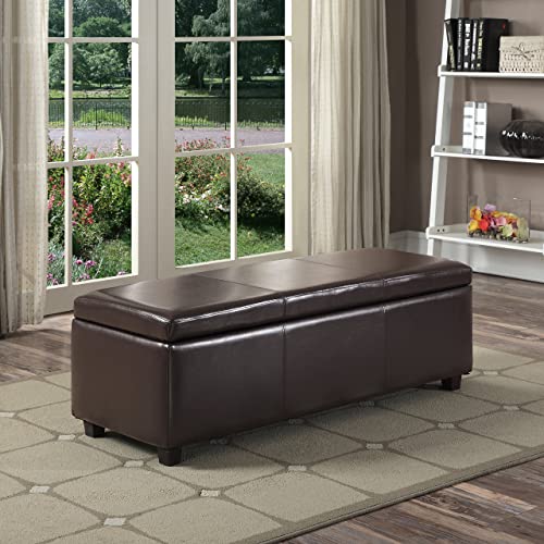 Simpli Home Avalon Rectangular Faux Leather Storage Ottoman Bench Large Brown