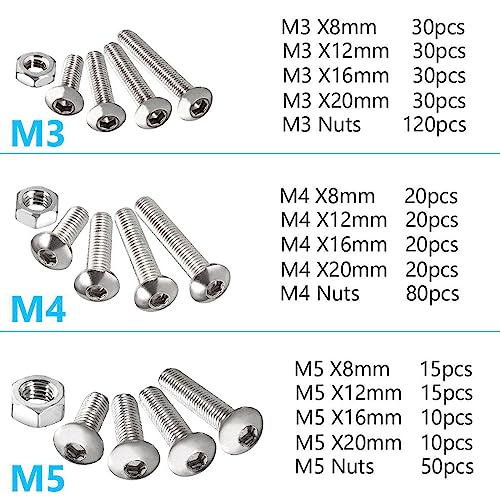 POATOW M3 M4 M5 500pc 304 Stainless Steel Hex Socket Button Head Bolts Screws Nuts Kit - Allen Hex Drives - Button Head Cap Screws- Storage Box