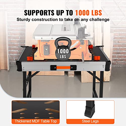 VEVOR Folding Work Table, 2-in-1 as Sawhorse & Workbench, 454 kg Load Capacity, Steel Legs, Portable Foldable Tool Stand with 2 Wood Clamps, 4 Bench Dogs, 3 Tool Boxes, 2 Hooks, Easy Garage Storage