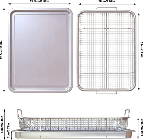 2 Piece Stainless Steel Air Fryer Basket for Oven, Crisper Tray and Basket for Oven 32 x 22 CM, Oven Air Fry Mesh Basket Set, Air Fryer Oven Basket for Fries/Bacon/Chicken(Silver)