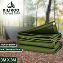 Kiliroo Heavy Duty Canvas Tarp Multi Purpose Waterproof Poly Tarp Cover for Camping, Hunting, Reinforced Grommets, Outdoor Use 3x3 Meter, Army Green