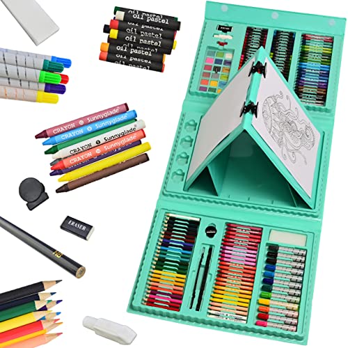 Sunnyglade 185 Pieces Double Sided Trifold Easel Art Set, Drawing Art Box with Oil Pastels, Crayons, Colored Pencils, Markers, Paint Brush, Watercolor Cakes, Sketch Pad (Green)