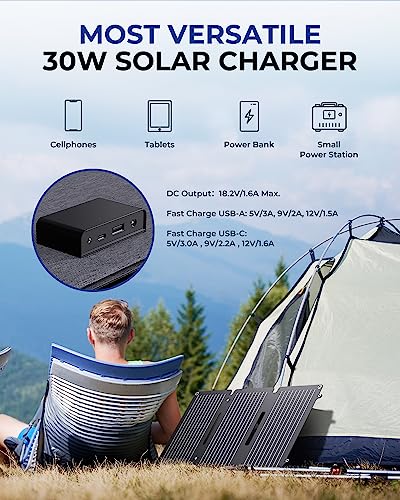 [Upgraded] 30W Solar Charger with Kickstand, BigBlue SolarPowa 30 ETFE Solar Panel Charger with DC, PD 20W USB-C and USB-A, IP65 Waterproof, Compatible with iPhone, Samsung, iPad, Small Power Station