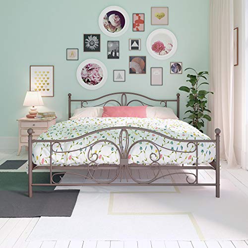 DHP Bombay Metal Platform Bed with Parisian Style Headboard and Footboard, Adjustable Base Height for Underbed Storage, No Box Spring Needed, King, Bronze