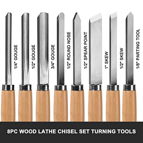 HAUTMEC Professional Wood Turning Chisel 8 pcs Set, Lathe Chisel Set with 2 Skew 1 Spear Point 1 Parting 1 Round Nose & 3 Gouge Tools for Beginners, Hobbyists and Professionals HT0237-WW