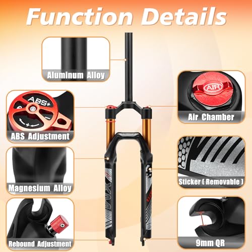 【AU STOCK】26/27.5/29 Air MTB Suspension Fork, Rebound Adjust Straight Tube 28.6mm QR 9mm Travel 120mm Manual/Crown Lockout Mountain Bike Forks, Ultralight Gas Shock XC Bicycle (Black Gold, 26)