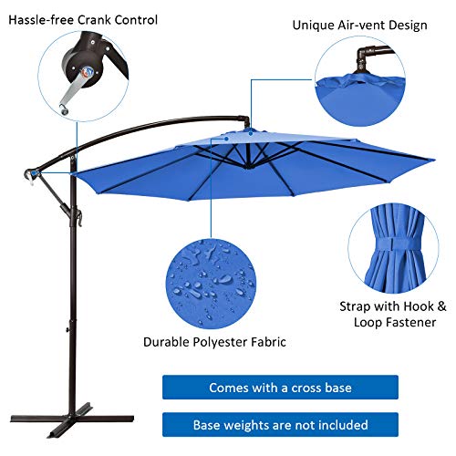 Tangkula 10FT Patio Offset Umbrella, Outdoor Cantilever Umbrella with Easy Tilt Adjustment & 8 Ribs, Hanging Market Umbrella with Crank & Cross Base for Garden, Backyard, Deck, Poolside (Blue)