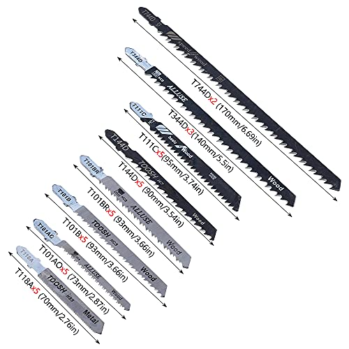 35Pcs Jig Saw Blade Set T-Shank Fast Cut Down Jigsaw Blade Jig High Carbon Steel Assorted Blades Saw Cutting Tool for Thin Metal Wood Plastic Cutting Compatible with Most Jig Saw