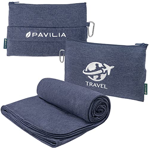 PAVILIA Travel Blanket Compact, Airplane Blanket Packable Bag, Soft Fleece Portable Throw Pillow Combo Set, Plane Flight Car Trips Travel Essentials Gift Accessories, Luggage Backpack Clip, Navy Blue