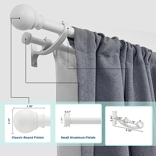 Lwiiom Double Curtain Rods with Aluminum Bouquet Brackets and Round Finials,Matte White Curtain Rods for Windows 72 to 144 inch,1-Inches Front and 5/8 Inches Back Double Window Drapery Rod for