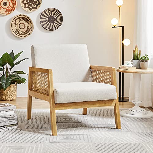 Yaheetech Accent Chair, Armchair with Rattan Armrest and Wood Legs, Mid Century Modern Living Room Chair Linen Comfy Lounge Chair for Bedroom Hosting Room Reading Room, Set of 2, Beige