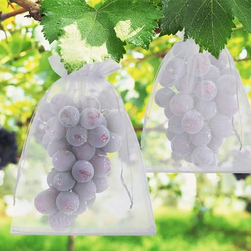 50 Pieces White Fruit Protection Bags- 17x23cm Fruit Netting Bags with Drawstring,Garden Fruit Cover Mesh Bag to Protect Plants from Pest Birds Squirrels (White)