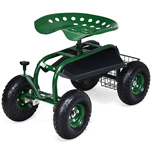 Goplus Garden Cart Gardening Workseat w/Wheels, Patio Wagon Scooter for Planting, Work Seat with Tool Tray and Basket (Knob Handle)