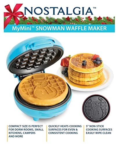 Nostalgia MyMini Snowman Waffle Maker - Mini Waffle Maker with Snowman Motif, Belgian Style Waffle Maker, Cheese Sandwiches, Double Non-Stick