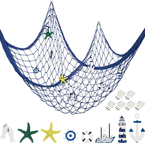 Decorative Fishnet Nautical Fishing Net Wall Hanging Decor, 8 Pieces Starfish, Sailboat, Lighthouse, Life Ring, Rudder, with Transparent Hook for Mermaid Mediterranean Party (Blue)