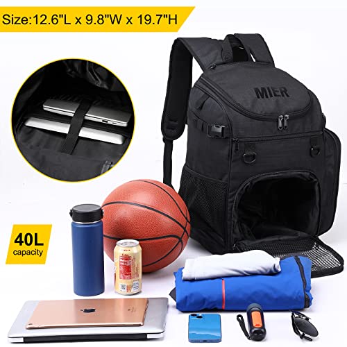 MIER Basketball Backpack Large Sports Bag for Men Women with Laptop Compartment, Best for Soccer, Volleyball, Gym, Travel, 40L, Black