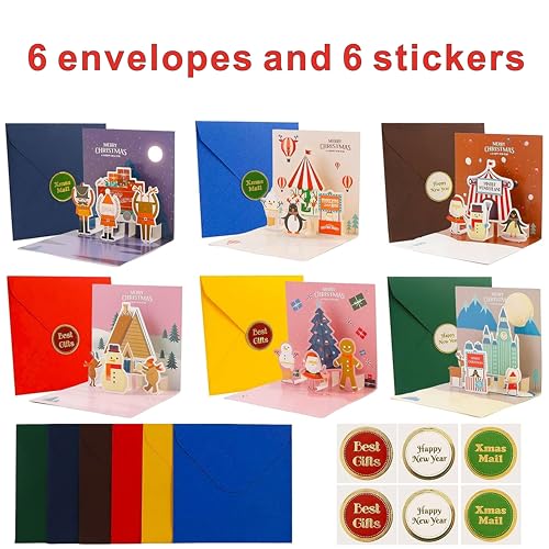 3D Christmas Cards, 6PCS Pop Up Christmas Cards with Envelopes Merry Xmas Season Greetings Cards Merry Christmas Card for Holiday Postcards Christmas Day Gifts