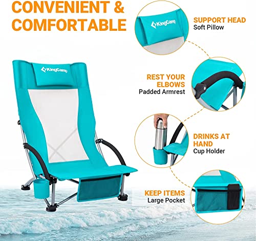 KingCamp Low Sling Beach Camping Concert Folding Chair, Low and High Mesh Back Two Versions (Cyan-High Back-2 Pack)